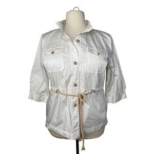 susan graver 1x Button Down Blouse Ivory Cinch Waist 3/4 Sleeves